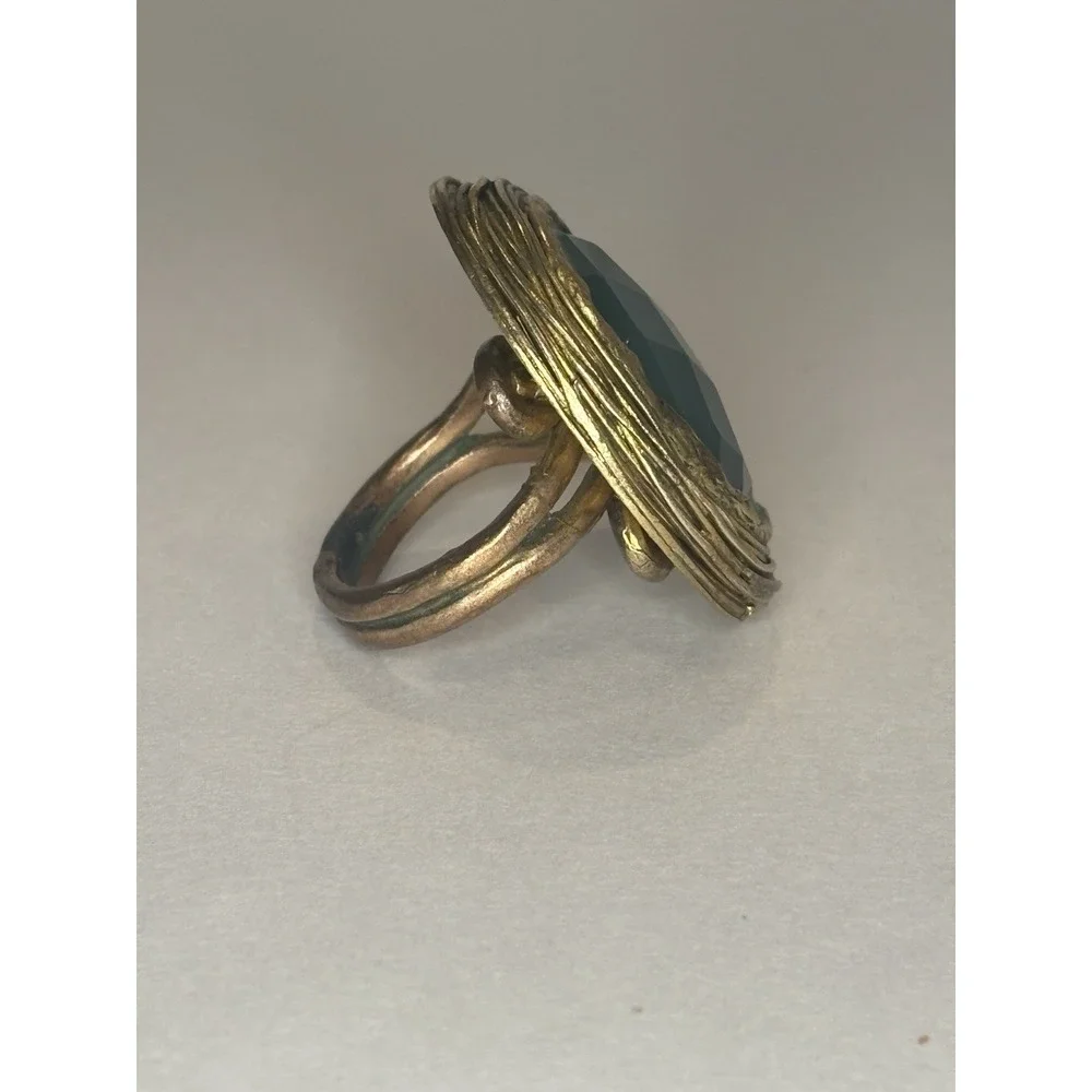 Vintage 70s Brutalist Gold Tone Sage Green Faceted Statement Ring Size 7.75